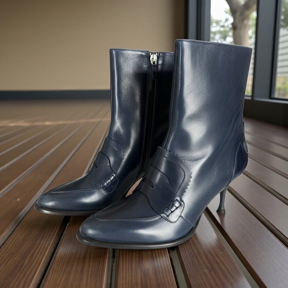Max Mara SPORTMAX Blue Ribes Ankle Boots Leather Zipper Ankle Italy Sz. 37